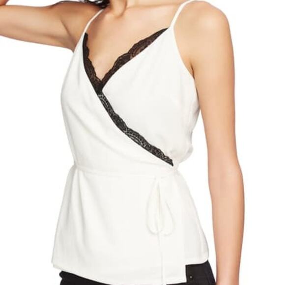 1. State Scalloped Trim Neckline Wrap Romance Shirt Top Blouse White Black Small - Picture 2 of 8